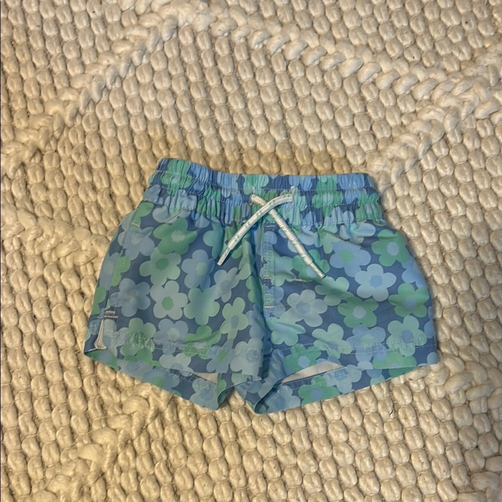 The Beaufort Bonnet Company Blue and Green Swim Trunks with Leafy Design